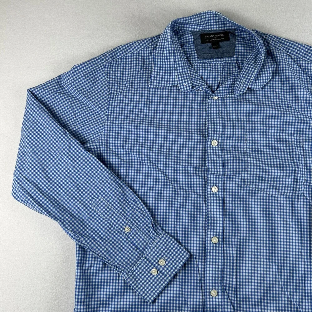 Banana Republic Shirt Mens Large Blue Check Long Sleeve Button Up Slim Fit